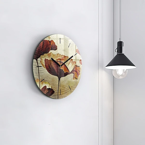 Wanduhr glas rund Gemalte Mohnblumen