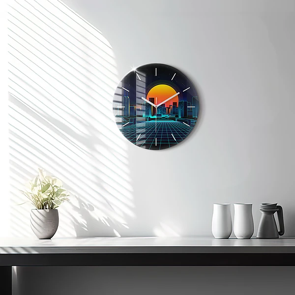 Wanduhr rund Cyberspace Stadt