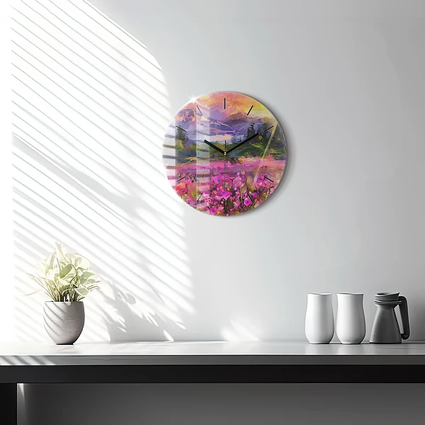 Wanduhr rund Landschaft aus Natur und Blumen