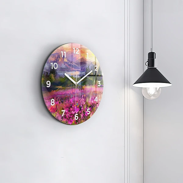 Wanduhr rund Landschaft aus Natur und Blumen