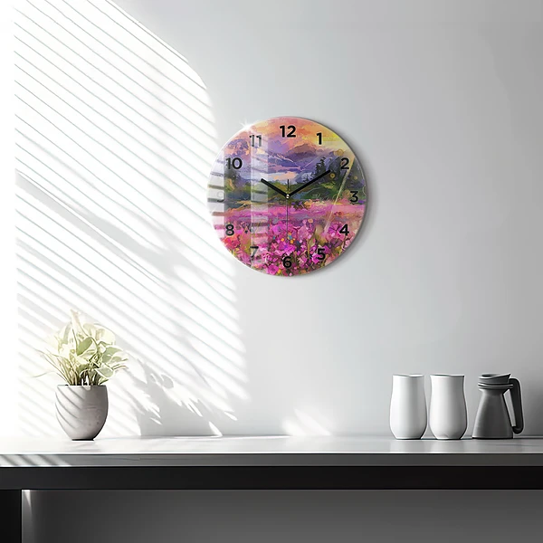 Wanduhr rund Landschaft aus Natur und Blumen