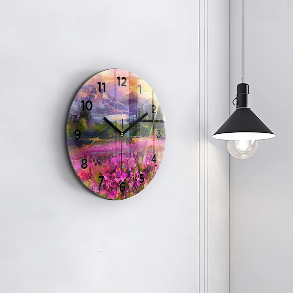 Wanduhr rund Landschaft aus Natur und Blumen
