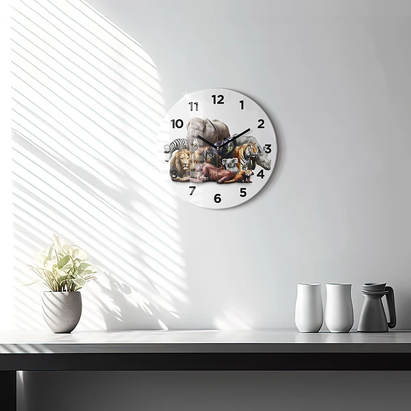 Wanduhr glas rund Wilde Tiere