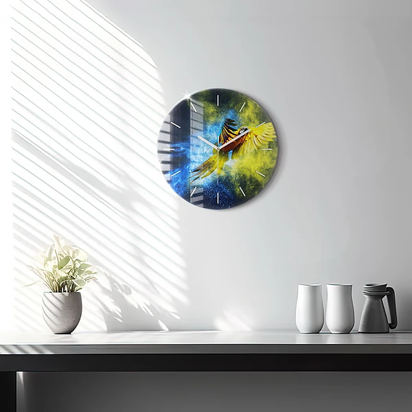 Wanduhr glas rund Bunter Papagei