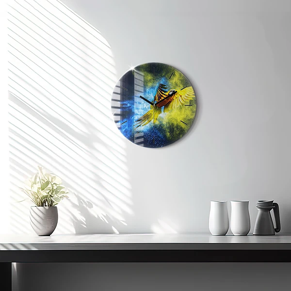 Wanduhr glas rund Bunter Papagei