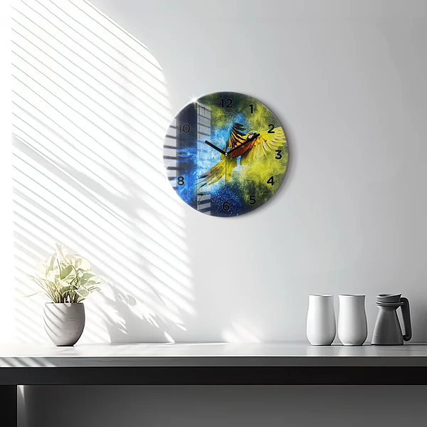 Wanduhr glas rund Bunter Papagei