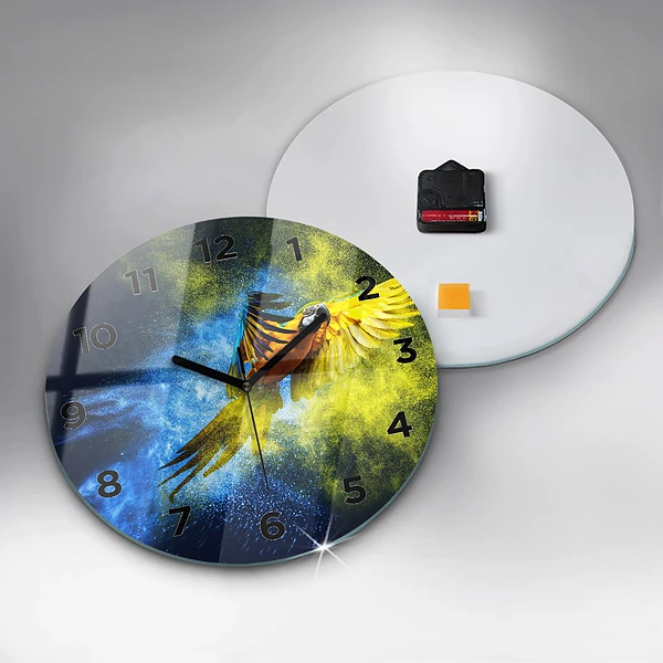 Wanduhr glas rund Bunter Papagei