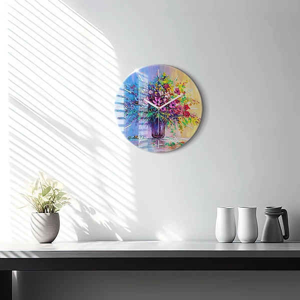 Wanduhr rund mit motiv Blumen in einer Vase