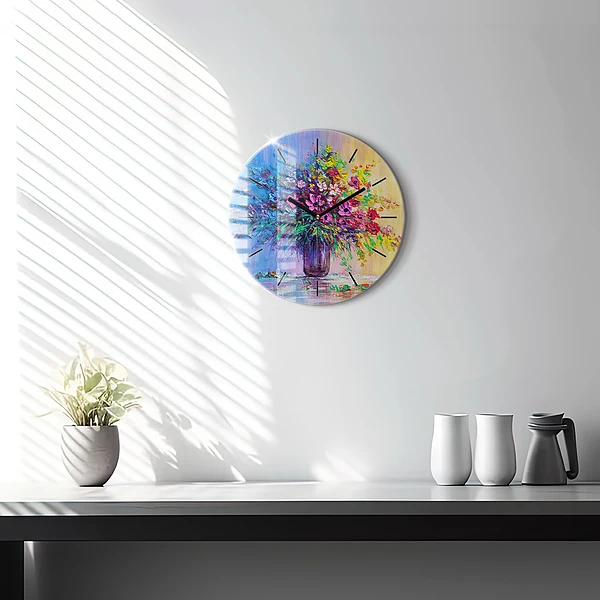 Wanduhr rund mit motiv Blumen in einer Vase