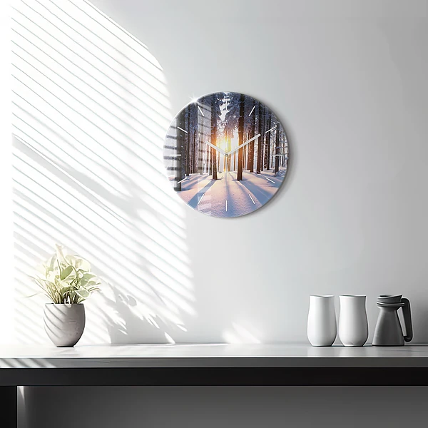 Wanduhr glas rund Sonnenuntergang Wald