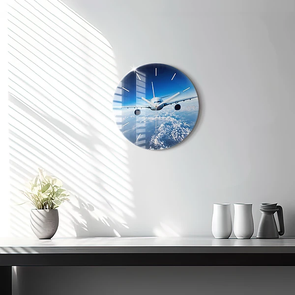 Wanduhr rund mit motiv Flugzeug Wolken
