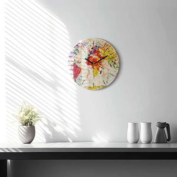 Wanduhr rund Farbige Weltkarte