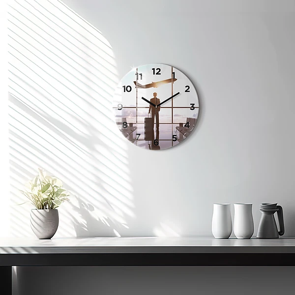 Wanduhr glas rund Mann auf dem Flughafen