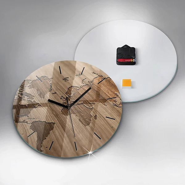 Wanduhr rund Weltkarte auf Holz