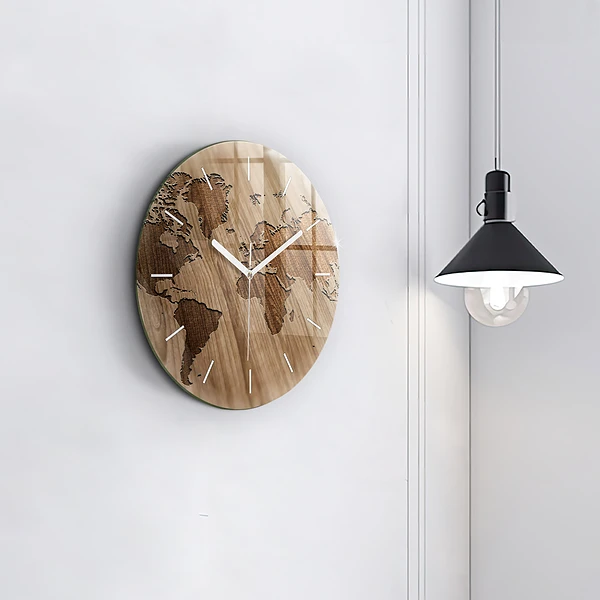 Wanduhr rund Weltkarte auf Holz