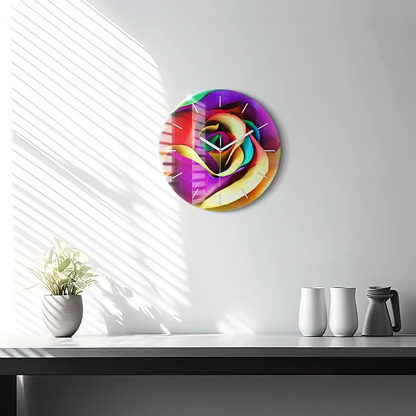 Wanduhr rund mit motiv Regenbogenrose