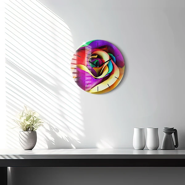Wanduhr rund mit motiv Regenbogenrose