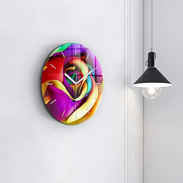 Wanduhr rund mit motiv Regenbogenrose