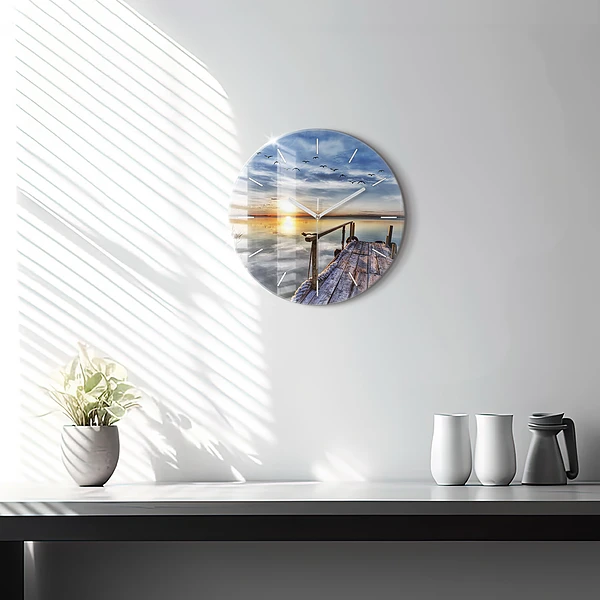 Wanduhr rund Sonnenuntergang See