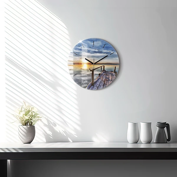 Wanduhr rund Sonnenuntergang See