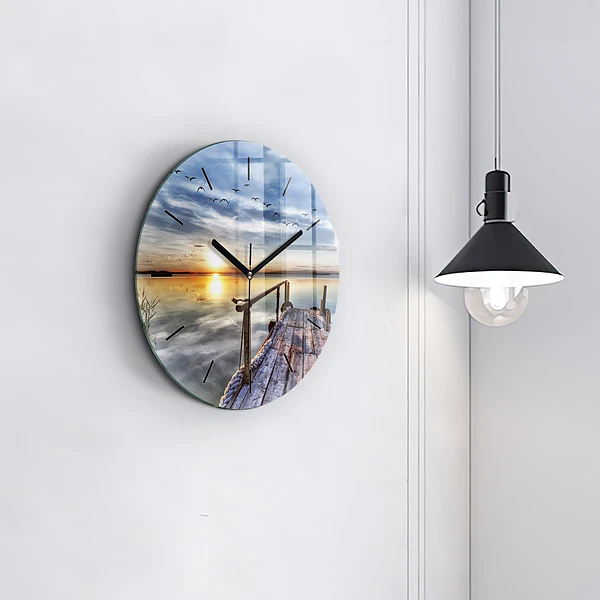 Wanduhr rund Sonnenuntergang See