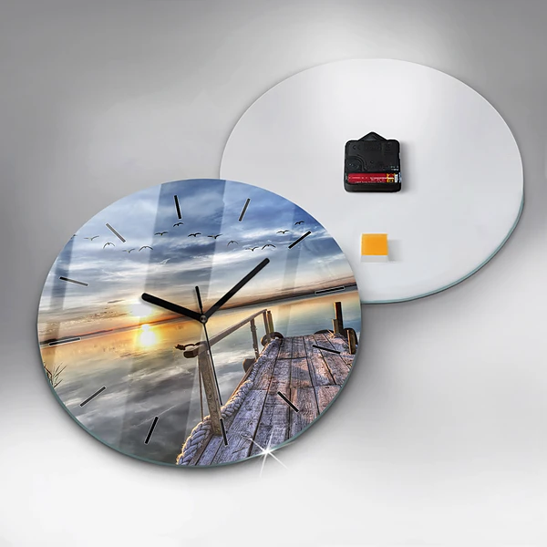 Wanduhr rund Sonnenuntergang See