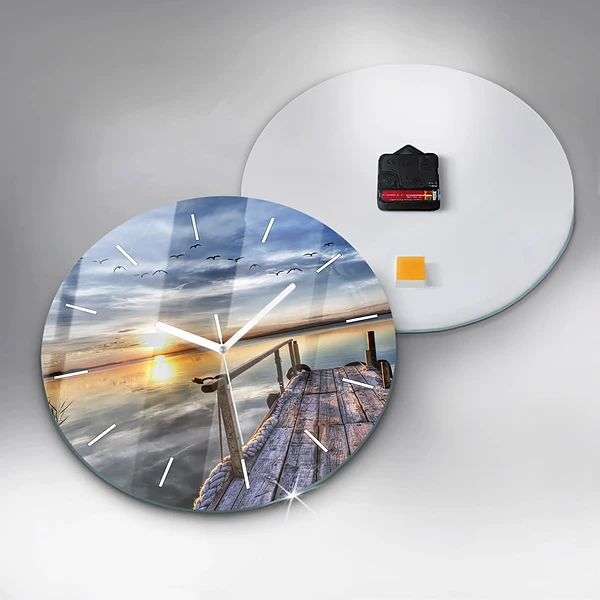 Wanduhr rund Sonnenuntergang See