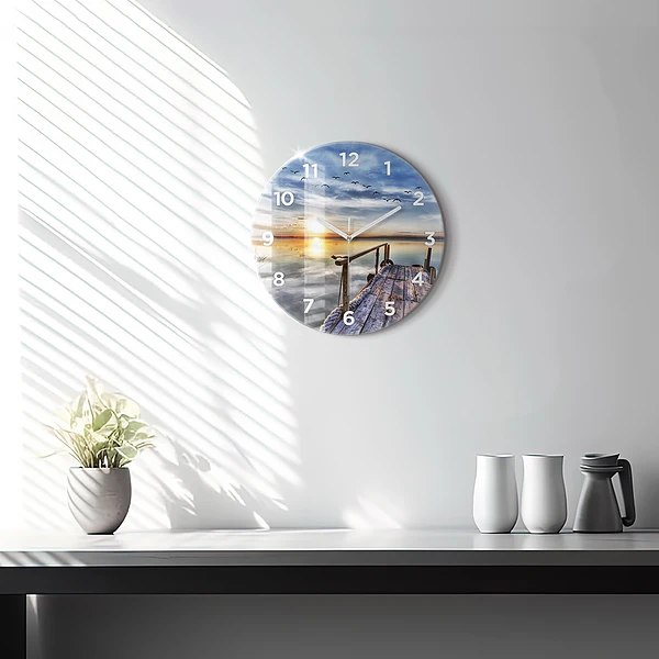 Wanduhr rund Sonnenuntergang See