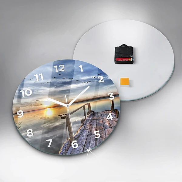 Wanduhr rund Sonnenuntergang See