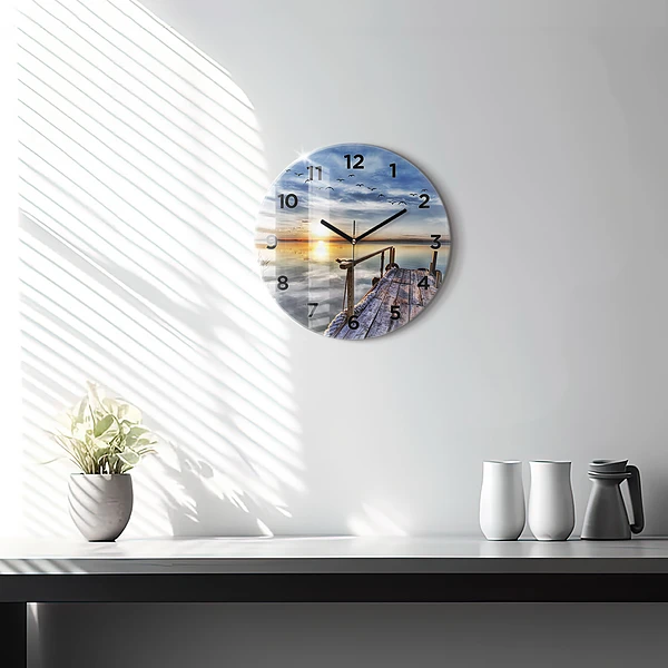 Wanduhr rund Sonnenuntergang See