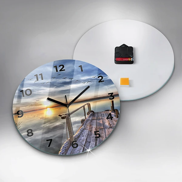 Wanduhr rund Sonnenuntergang See