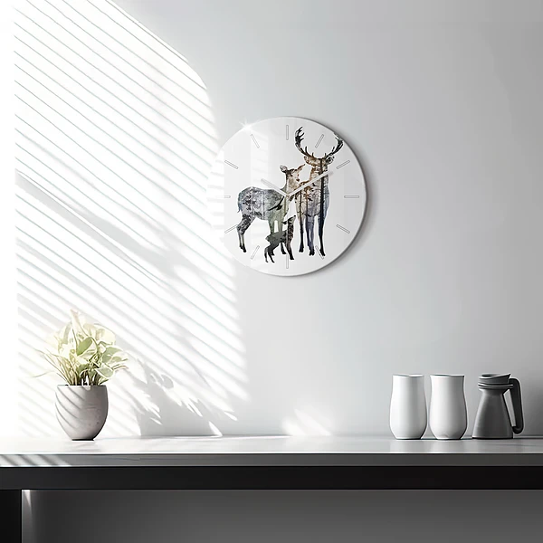 Wanduhr rund mit motiv Hirsch-Familie