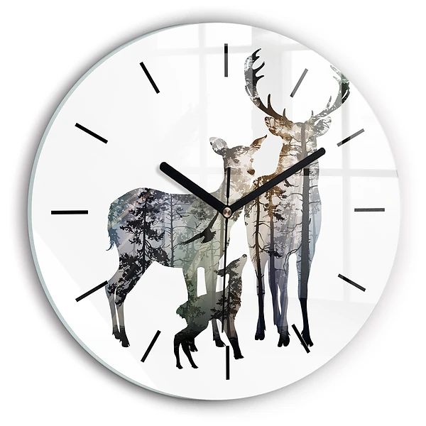 Wanduhr rund mit motiv Hirsch-Familie