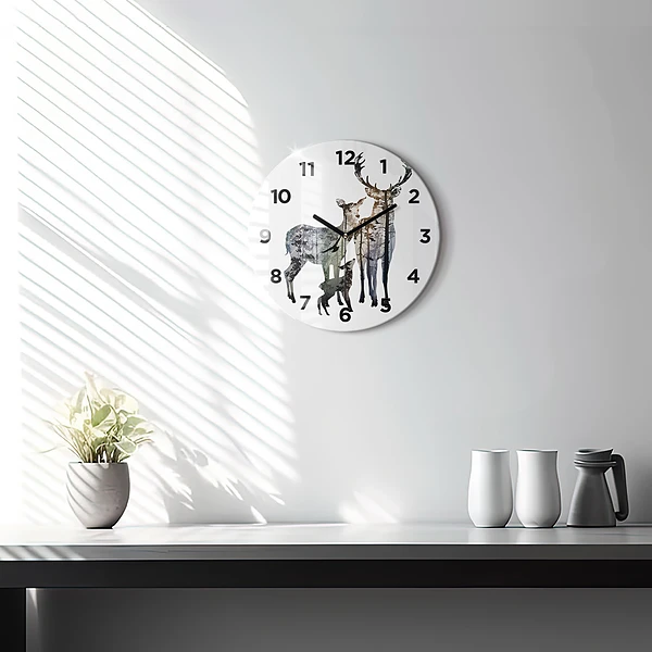 Wanduhr rund mit motiv Hirsch-Familie