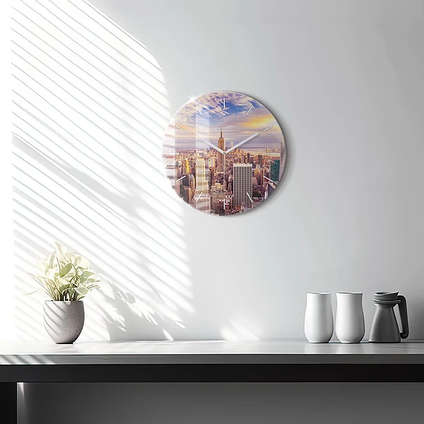 Wanduhr rund mit motiv Sonnenuntergang New York