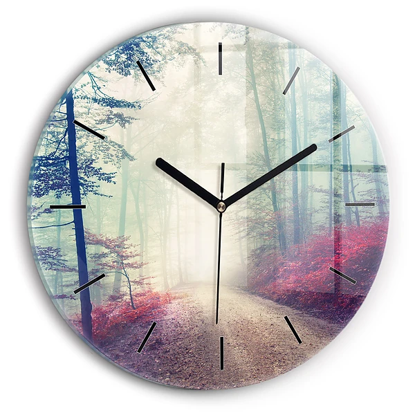 Wanduhr rund Herbststraße Waldnebel