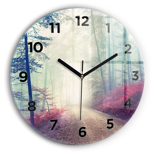 Wanduhr rund Herbststraße Waldnebel