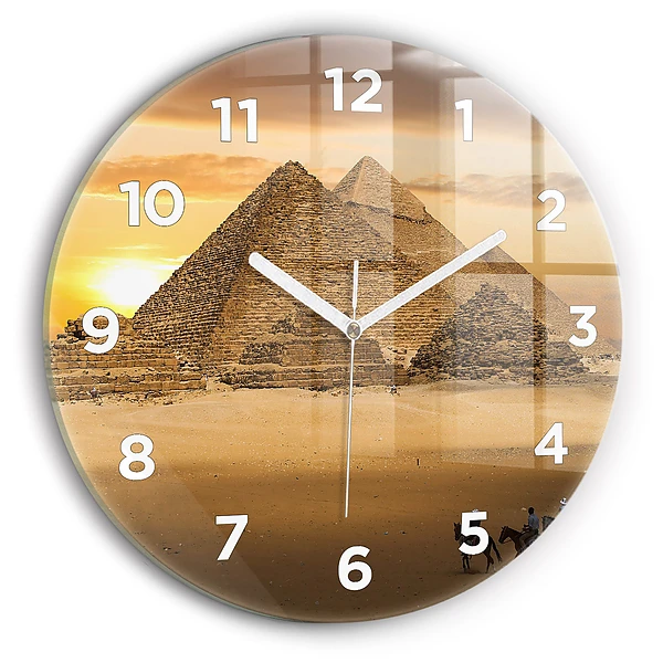 Wanduhr rund Pyramiden und Sonnenuntergang