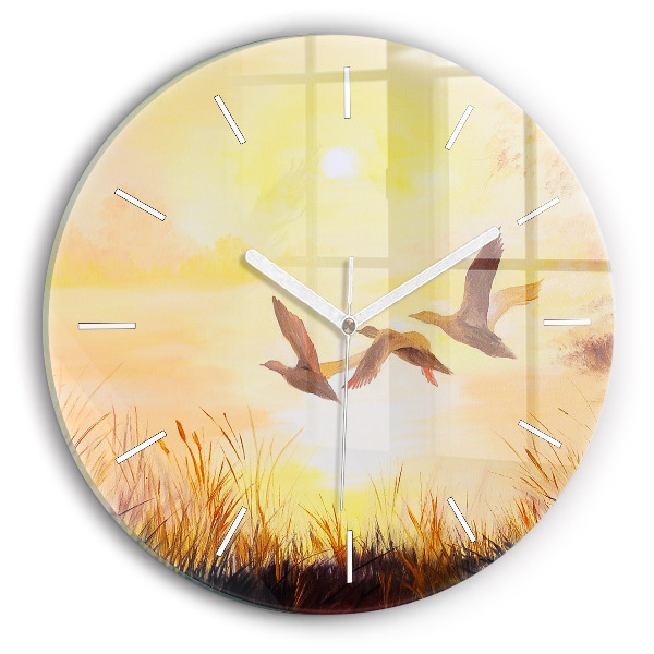 Wanduhr rund mit motiv Kraniche bei Sonnenuntergang