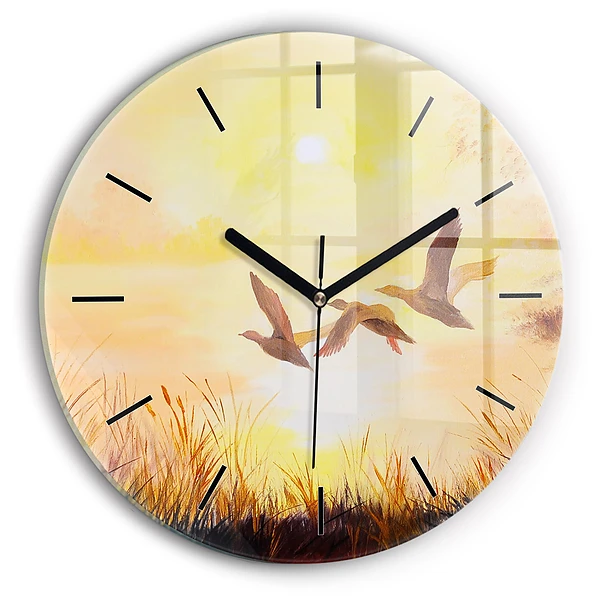 Wanduhr rund mit motiv Kraniche bei Sonnenuntergang