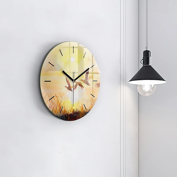 Wanduhr rund mit motiv Kraniche bei Sonnenuntergang