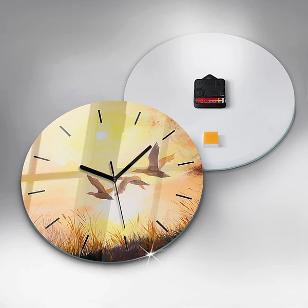 Wanduhr rund mit motiv Kraniche bei Sonnenuntergang