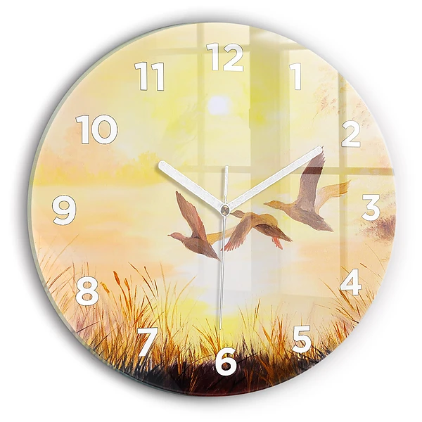 Wanduhr rund mit motiv Kraniche bei Sonnenuntergang
