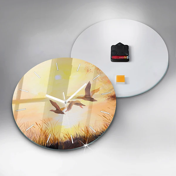 Wanduhr rund mit motiv Kraniche bei Sonnenuntergang