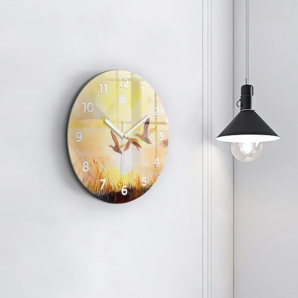 Wanduhr rund mit motiv Kraniche bei Sonnenuntergang