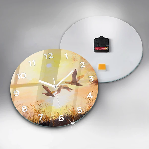 Wanduhr rund mit motiv Kraniche bei Sonnenuntergang