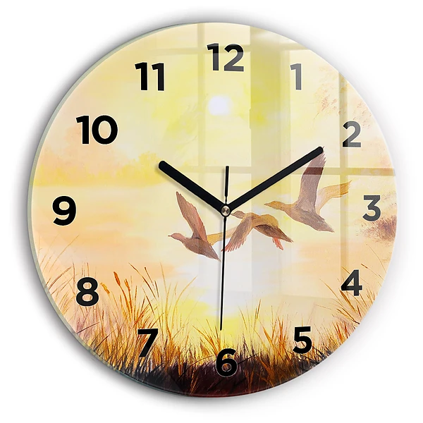 Wanduhr rund mit motiv Kraniche bei Sonnenuntergang