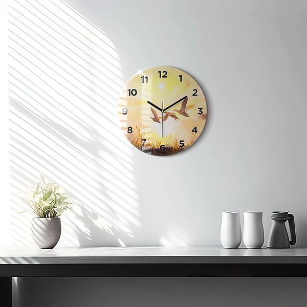 Wanduhr rund mit motiv Kraniche bei Sonnenuntergang