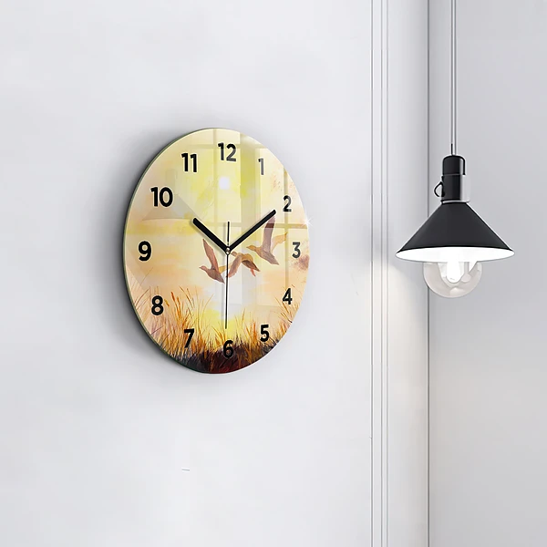 Wanduhr rund mit motiv Kraniche bei Sonnenuntergang