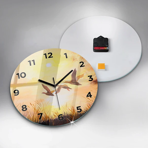 Wanduhr rund mit motiv Kraniche bei Sonnenuntergang